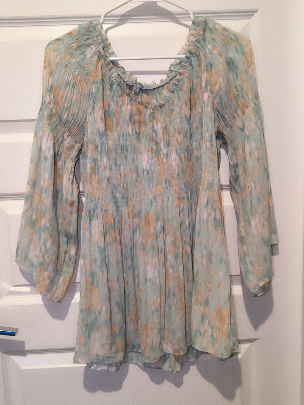 Women's Light Blue Floral Pleated Tunic Top - Soft Scoop Neck